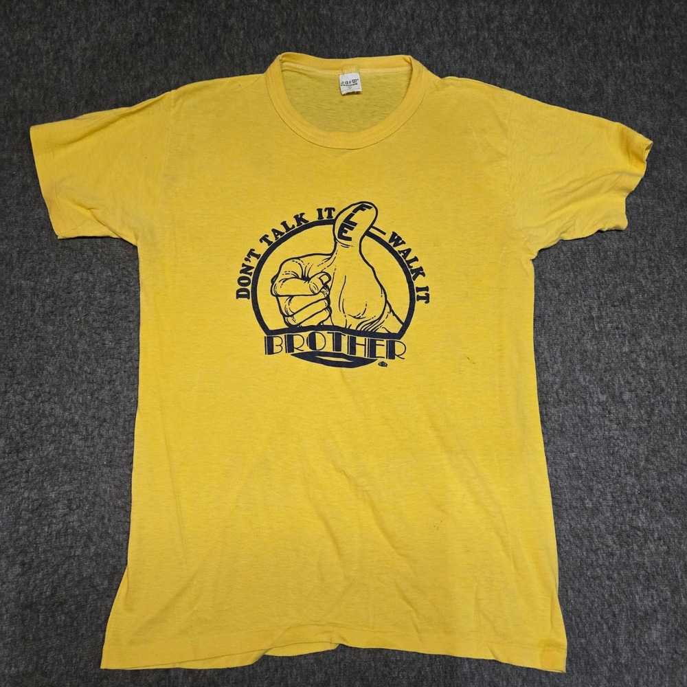 Vintage 70s Paper Thin T Shirt Men L Yellow Single Stitch Brother Slogan Graphic